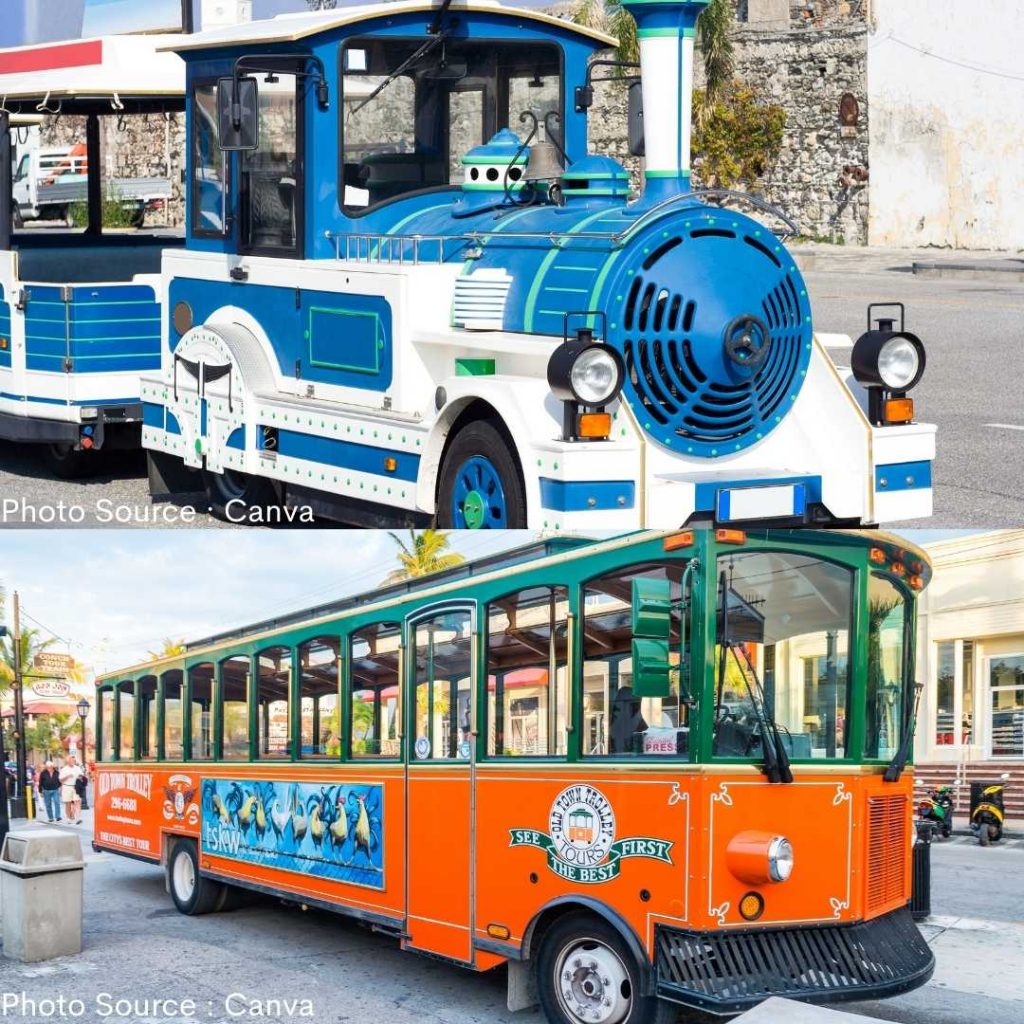 Blue and Orange Trolley trains