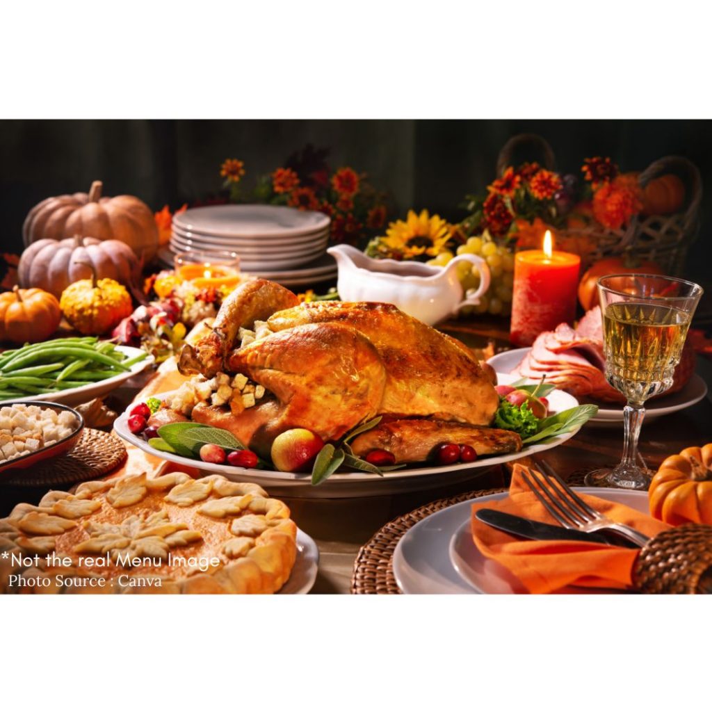 roasted turkey, pumpkin pie , green beans, and sliced turkey ham