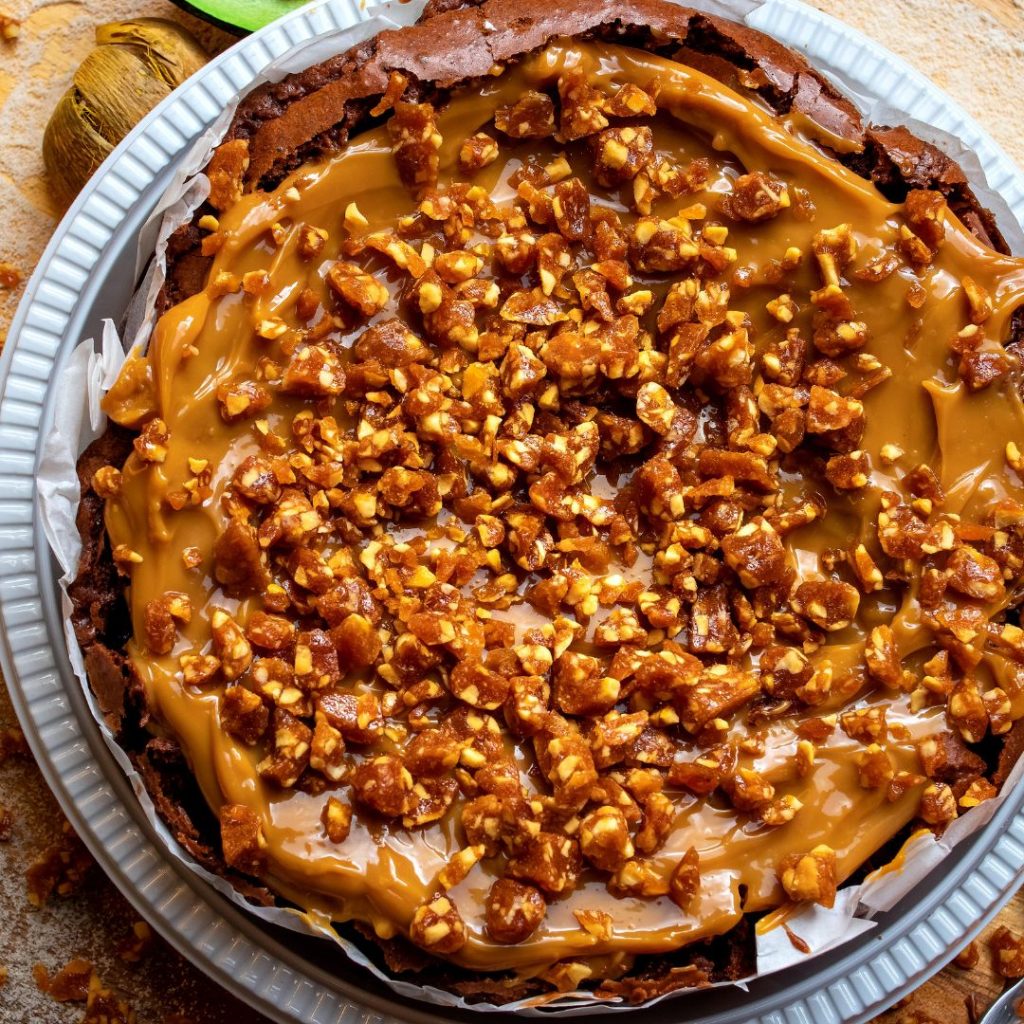 Toffee cake with pecans on top