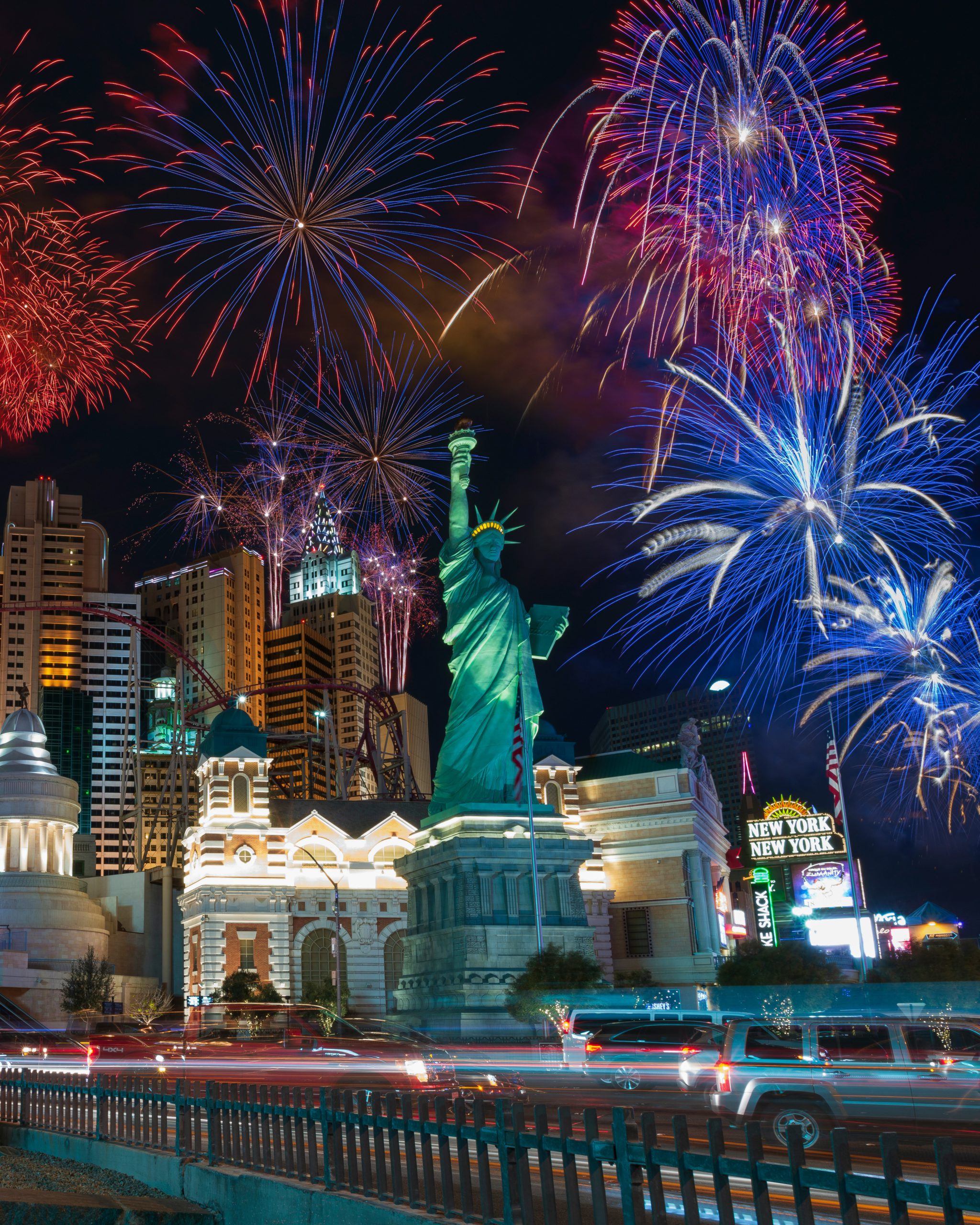 The Statue of Liberty with Fourth of July fireworks