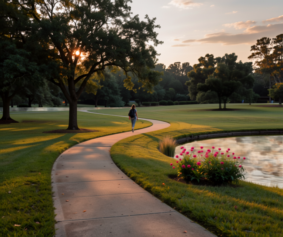 Early morning walk on a shaded Katy area greenbelt trail before the summer heat