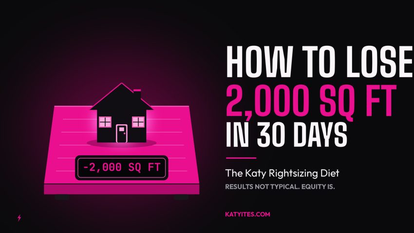 A small black house with pink light in its windows sitting on a hot pink bathroom scale that reads minus 2,000 square feet