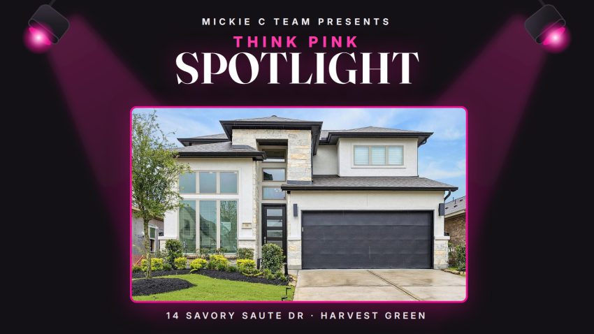 Think Pink Spotlight graphic featuring 14 Savory Saute Dr, a Harvest Green home for sale in Richmond TX