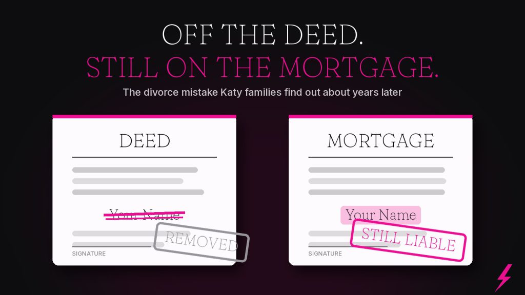 Deed and mortgage documents side by side, name crossed off the deed but still liable on the mortgage.