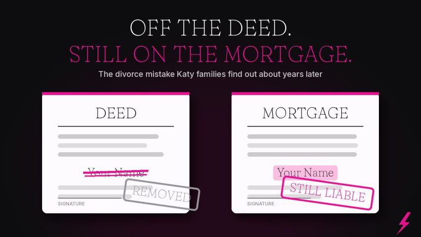 Deed and mortgage documents side by side, name crossed off the deed but still liable on the mortgage.