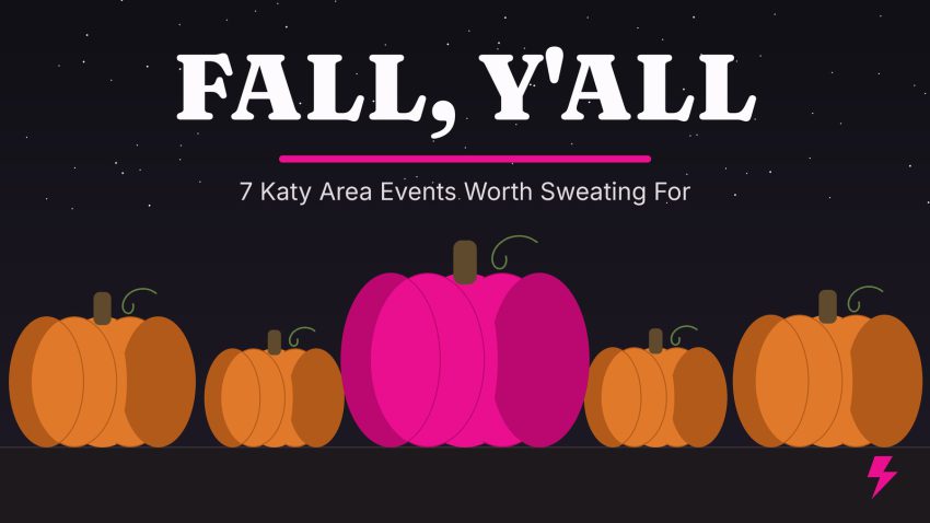 Hot pink pumpkin standing out in a patch of orange pumpkins under a night sky with the words Fall, Y'all