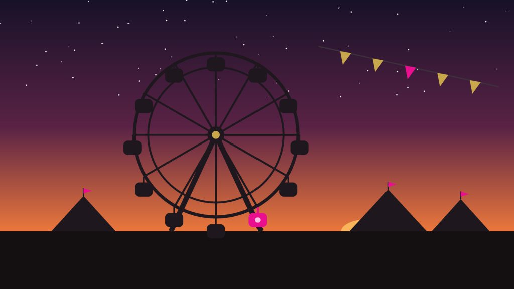 Illustration of a carnival ferris wheel at dusk with one hot pink gondola and festival tents on the horizon