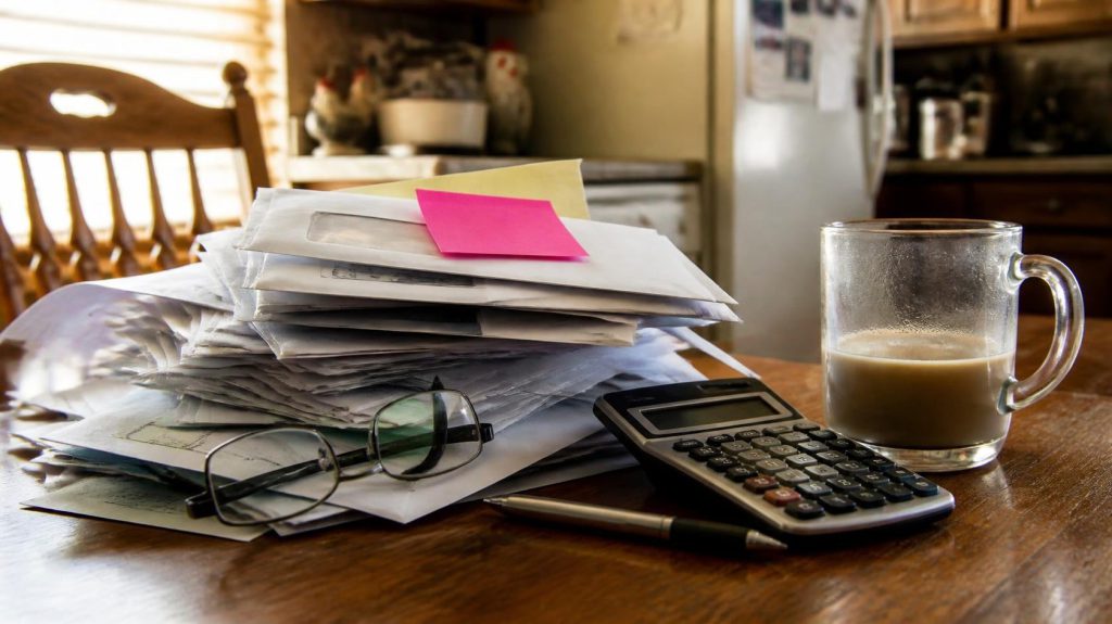 A tall pile of opened bills, tax and insurance notices on a kitchen table with a calculator, reading glasses, and a cold cup of coffee.