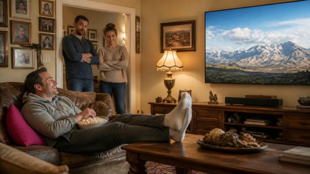 One adult sibling kicked back on the couch in the family home with feet up and a big TV on the wall while two siblings stand in the doorway with arms crossed.