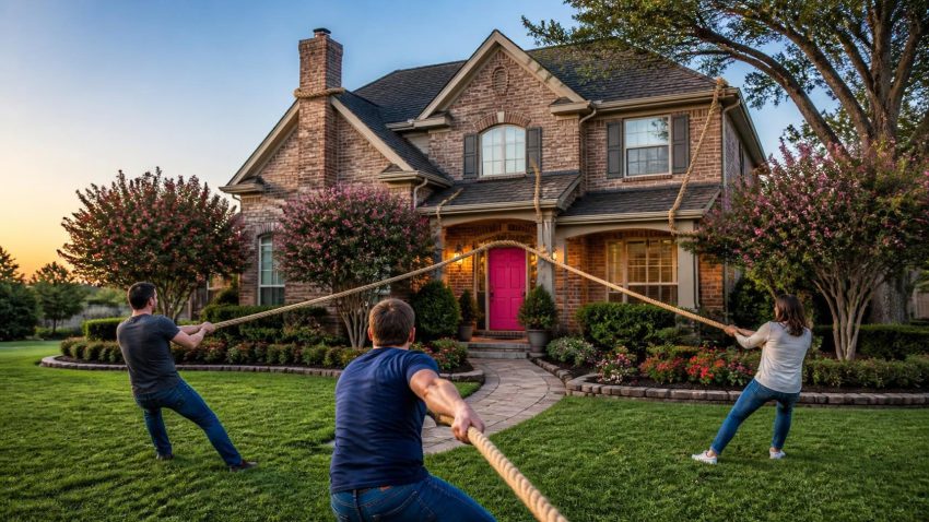 Three siblings on the front lawn of a brick two-story Katy home with a pink front door, each pulling a lasso looped around the chimney, the roofline, and the front door in a family tug-of-war.