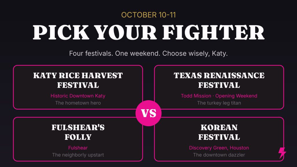 Versus-style graphic of the four festivals colliding on October 10-11 near Katy: Rice Harvest Festival, Texas Renaissance Festival, Fulshear's Folly, and the Korean Festival