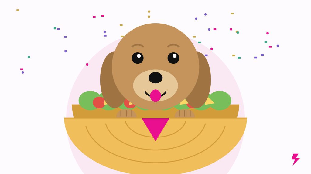 Illustration of a happy dog wearing a taco costume with a pink bandana, ready for a pet Halloween costume contest