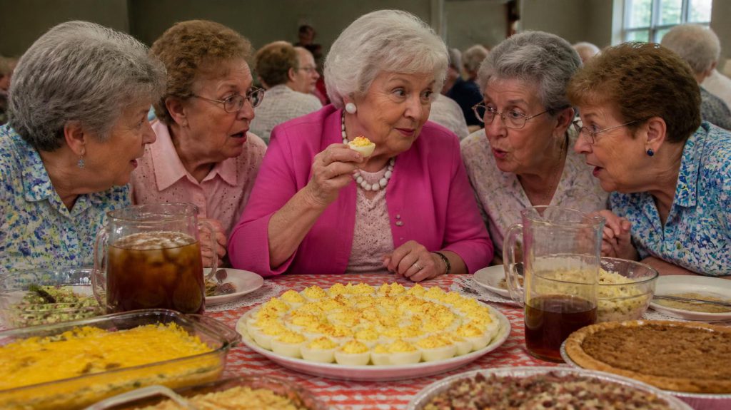 A woman sharing gossip with wide-eyed neighbors at a church potluck table loaded with deviled eggs