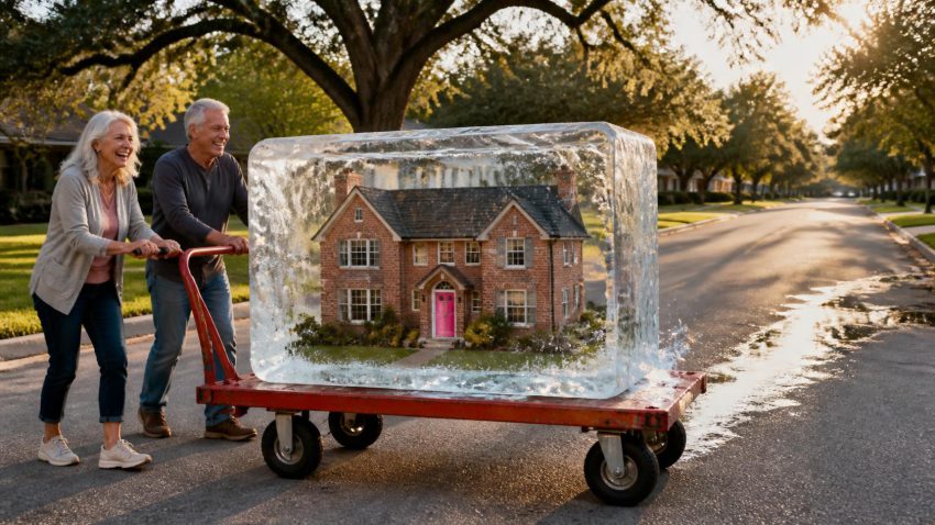 A brick two-story house frozen in a block of ice being wheeled down a Katy street on a moving dolly