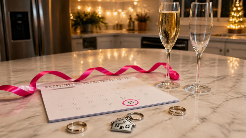 New Year's Eve on a marble kitchen counter: two champagne flutes, a hot pink ribbon, a calendar with the 31st circled in pink, a house keychain, and two wedding rings set apart.