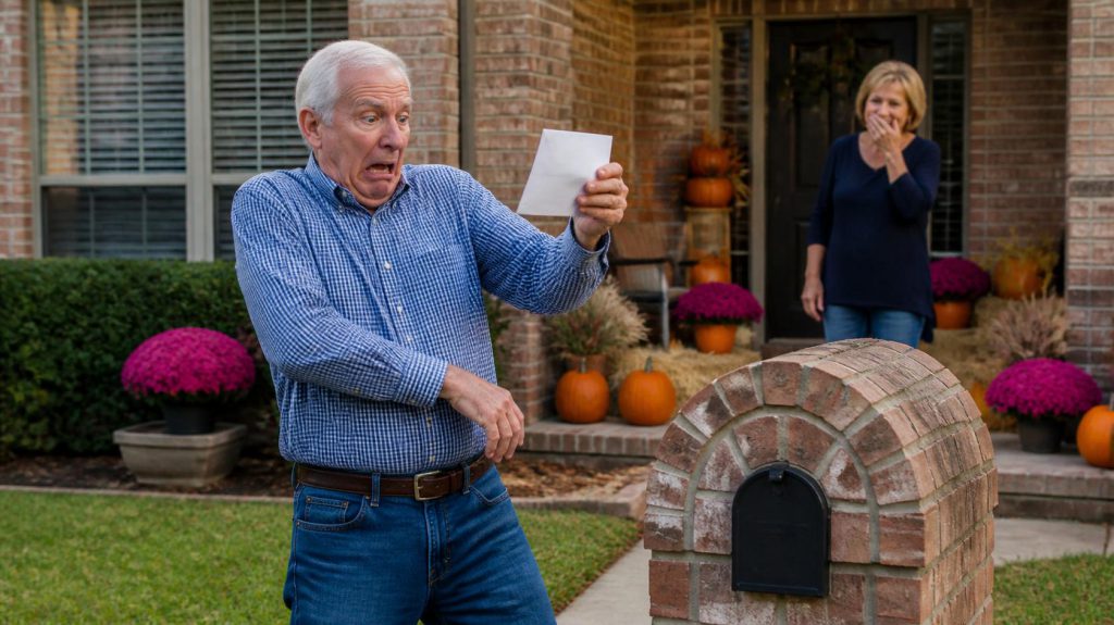 A homeowner at the mailbox holding a property tax envelope at arm's length, with fall pumpkins on the porch