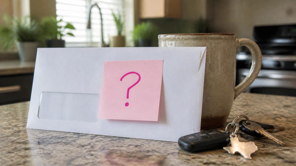 A property tax bill envelope propped against a coffee mug on a granite counter, with a pink sticky note showing a question mark and a Texas keychain beside it.