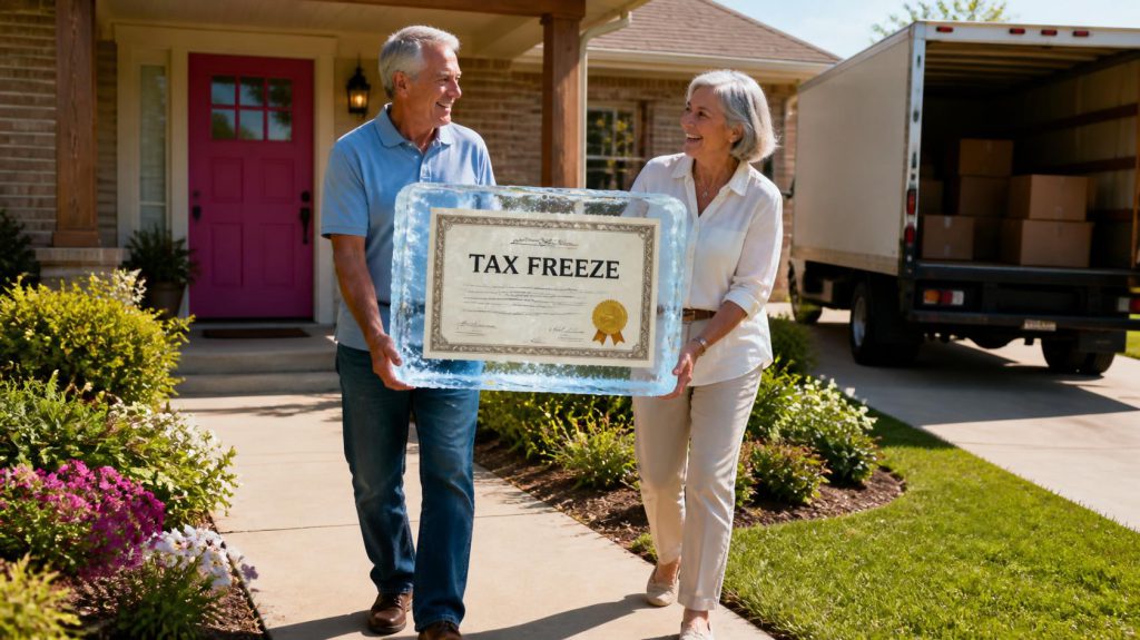 A happy couple carrying a large block of ice with a Tax Freeze certificate frozen inside up the walkway to a one-story home