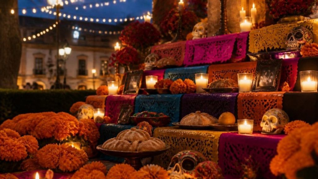 Dia de los Muertos ofrenda with marigolds, lit candles, sugar skulls, and colorful papel picado under string lights