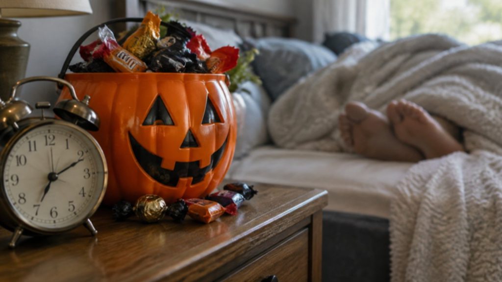 Alarm clock on a nightstand next to a jack-o-lantern bucket overflowing with Halloween candy while someone sleeps in under a cozy blanket