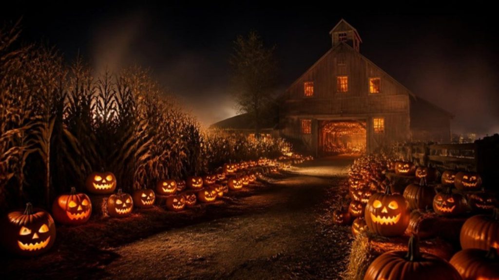 Path lined with glowing jack-o-lanterns beside a corn maze leading to a lit barn on a foggy fall night