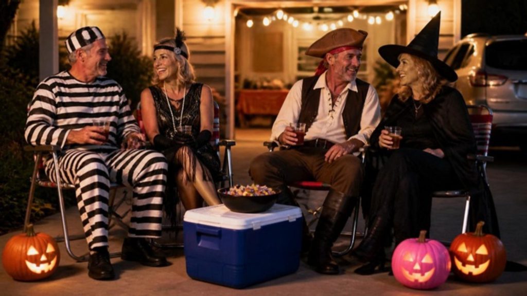 Two couples in Halloween costumes relaxing in lawn chairs on a Katy driveway with a cooler, candy, and glowing pumpkins