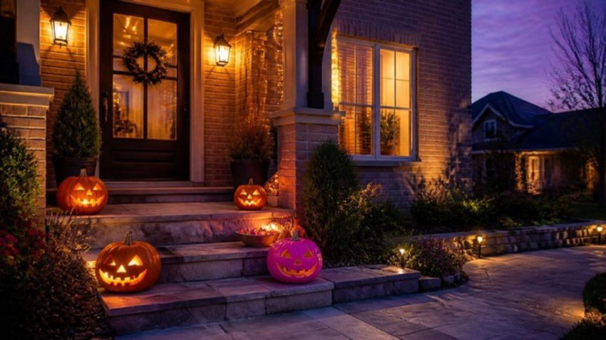 Katy home's front porch at dusk decorated for Halloween with glowing jack-o-lanterns and one hot pink pumpkin on the steps