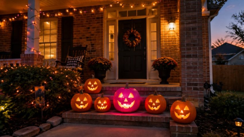 Brick front porch of a Katy home at dusk lined with glowing jack-o-lanterns, one hot pink jack-o-lantern glowing in the center