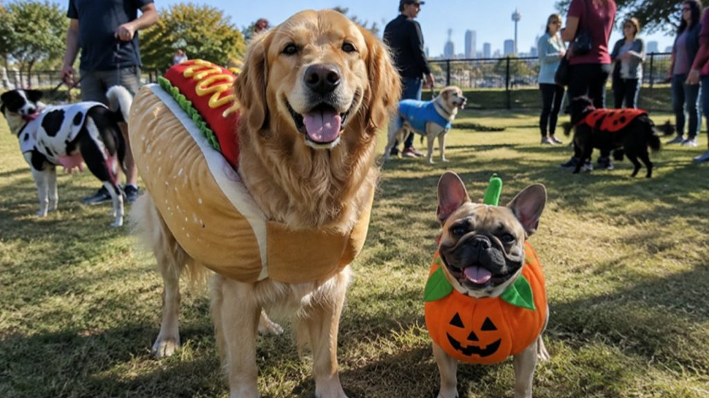Golden retriever in a hot dog costume and a French bulldog in a pumpkin costume at a sunny dog park Halloween costume event