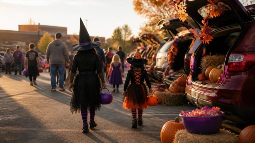 Kids in witch costumes walking past decorated car trunks with pumpkins and candy at a Katy trunk-or-treat